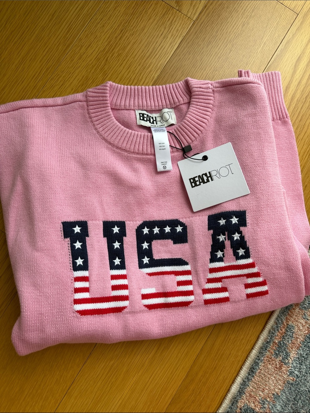 Beach Riot Pink Crewneck Sweater with USA Motif